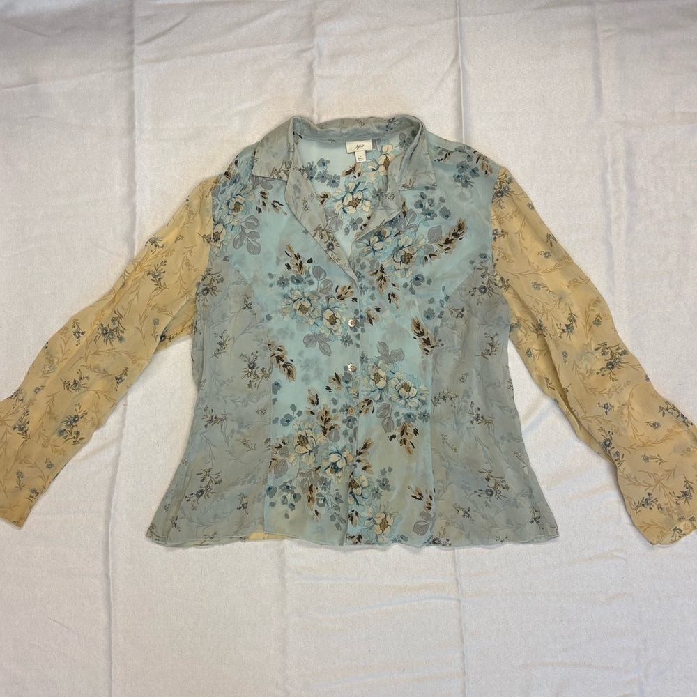 J. Jill Floral Sheer Blouse in Pale Blue and Light Yellow - Picture 2 of 5